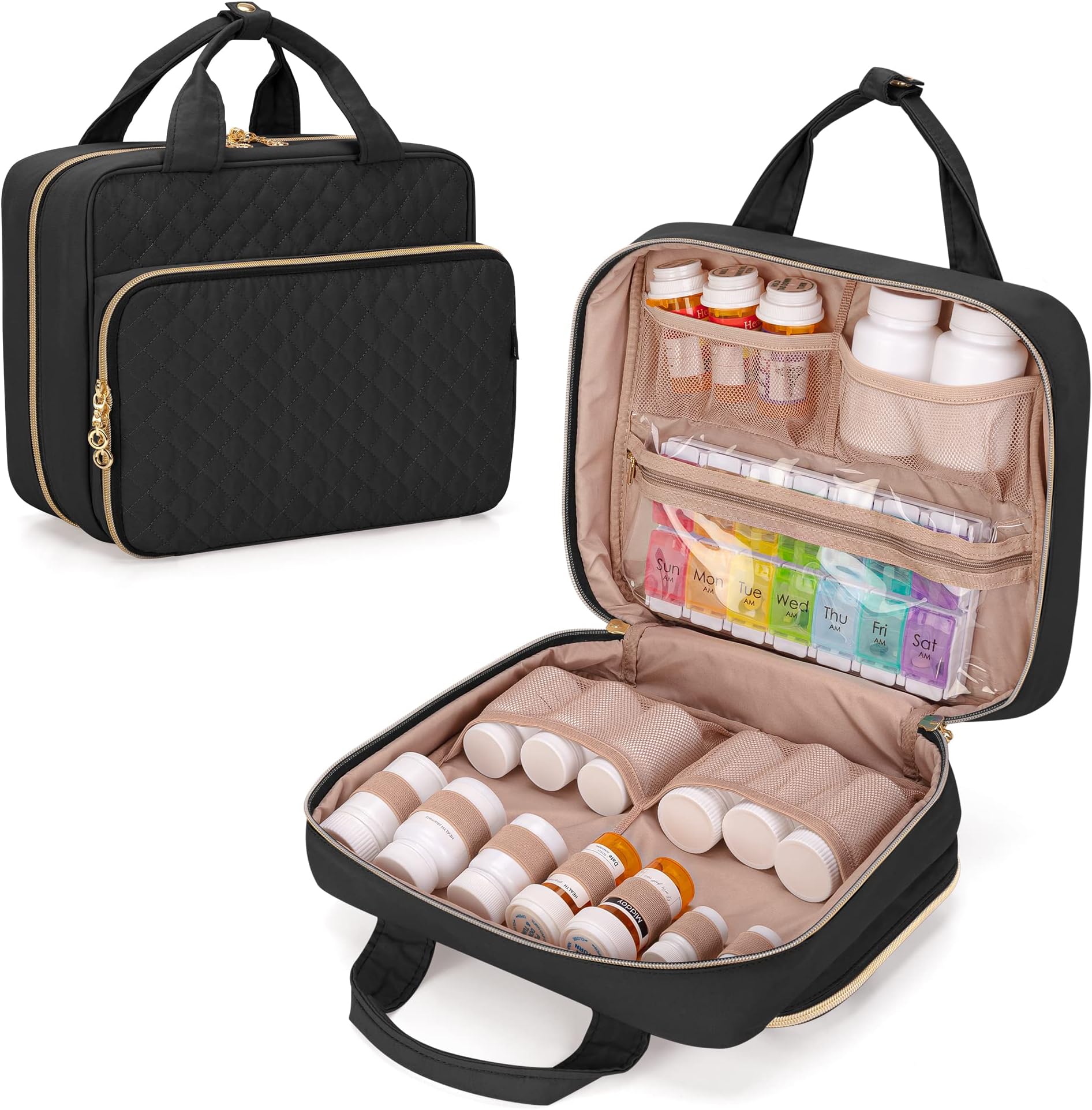DameroPill Bottle Organizer Bag, Travel Medicine Bag Organizer, Medicine Organizer and Storage for Pills, Vitamin, Fish Oil, Medical Supplements for Women and Men, Black