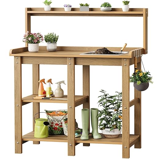ONBRILL Potting Bench, Outdoor Potting Bench Table with Removable Sink, HDPS Potting Benches for Outside, Garden Table with Storage Shelves & 4 Side Hooks, No Rot, No Fade, No Break, 360lbs Capacity