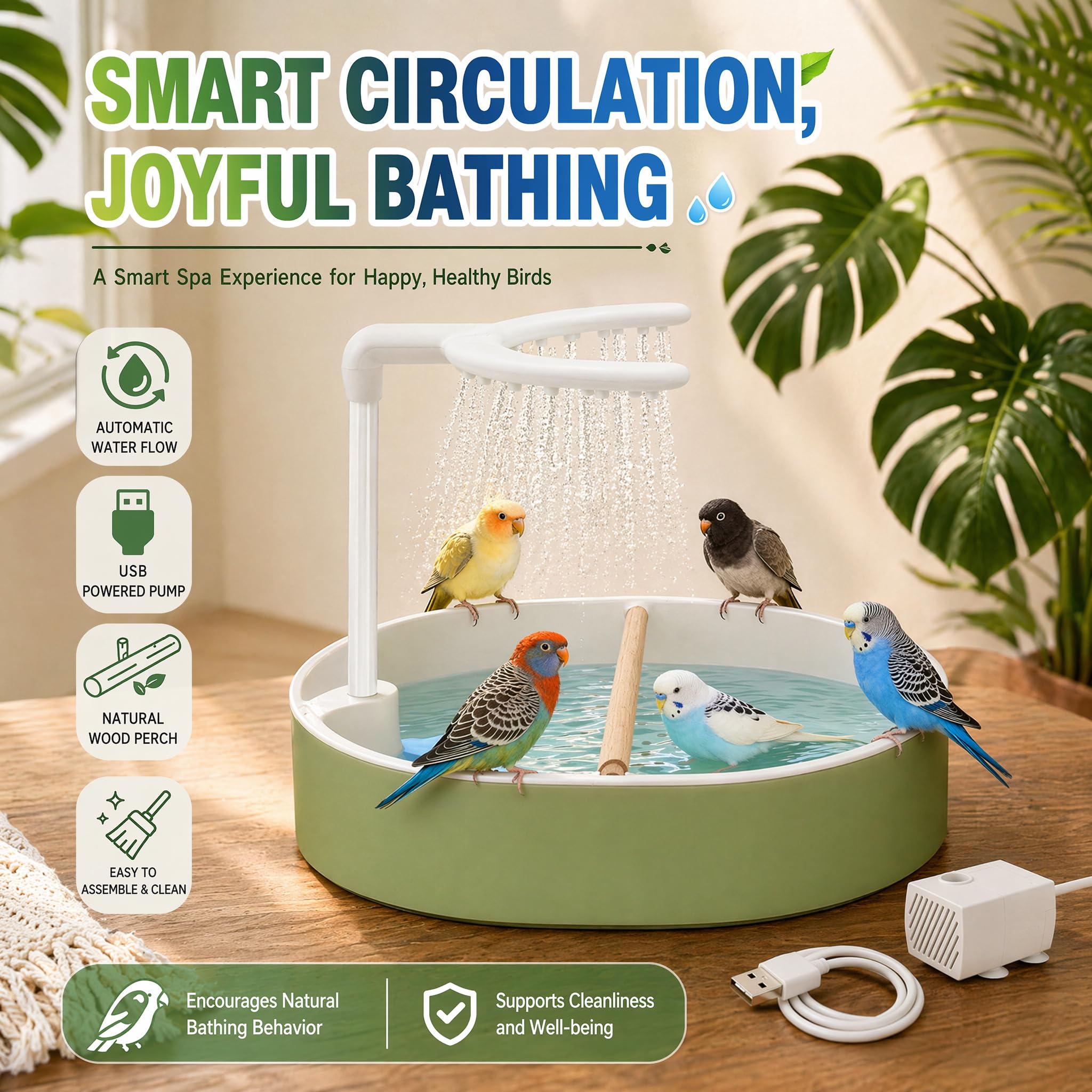 Ruichi Vogeldusche Wellensittich, 32x26cm Wellensittich Dusche mit Wasserfall und Wasserpumpe, Automatische Vogelbad Badehaus Badewanne für Unzertrennliche Wellensittiche Afrikanische Munias Aras