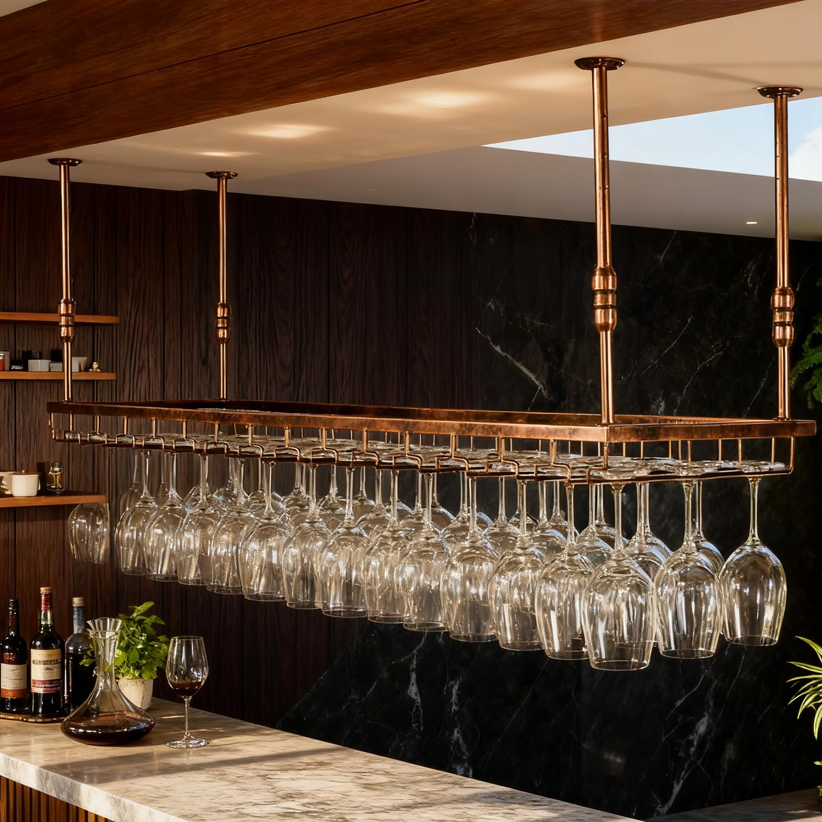 Support pour Verre à Vin Hauteur RéGlable, Porte-Verres à Pied Suspendu en Métal, Montage au Plafond Range Verre Suspendu Bar pour Famille, Restaurant, Hôtel, Bar (BN, 120x40x(30-60) cm)