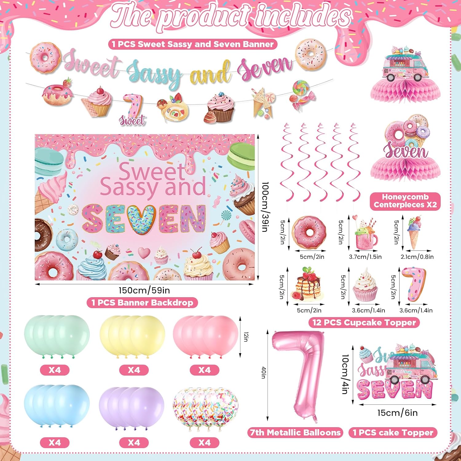 Donut 7th Birthday Party Decorations Sweet Sassy and Seven Birthday Decorations For Girls With Donut Banner Sweet Cake Topper Foil Balloon For 7th Donut Themed Party Decor Sweet Seven Party Supplies