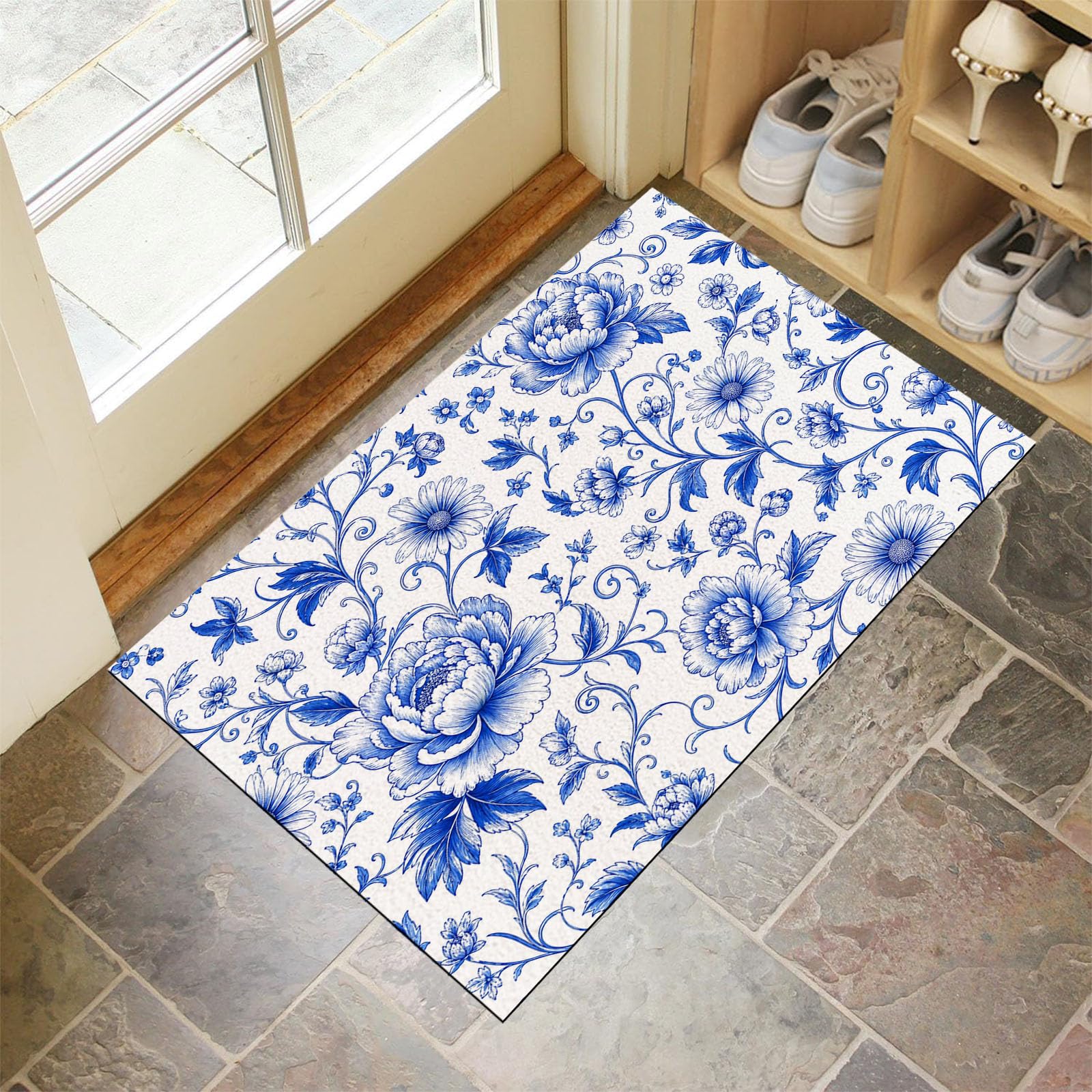 Zerbino Ingresso Interno Peonia Fiori Intrecciati Porcellana Blu E Bianca, Zerbino Di Benvenuto Lavabile Morbida Italiano Retrò, Antiscivolo Tappeto Da Decorazioni Blu Per Casa Porta, 60X90Cm