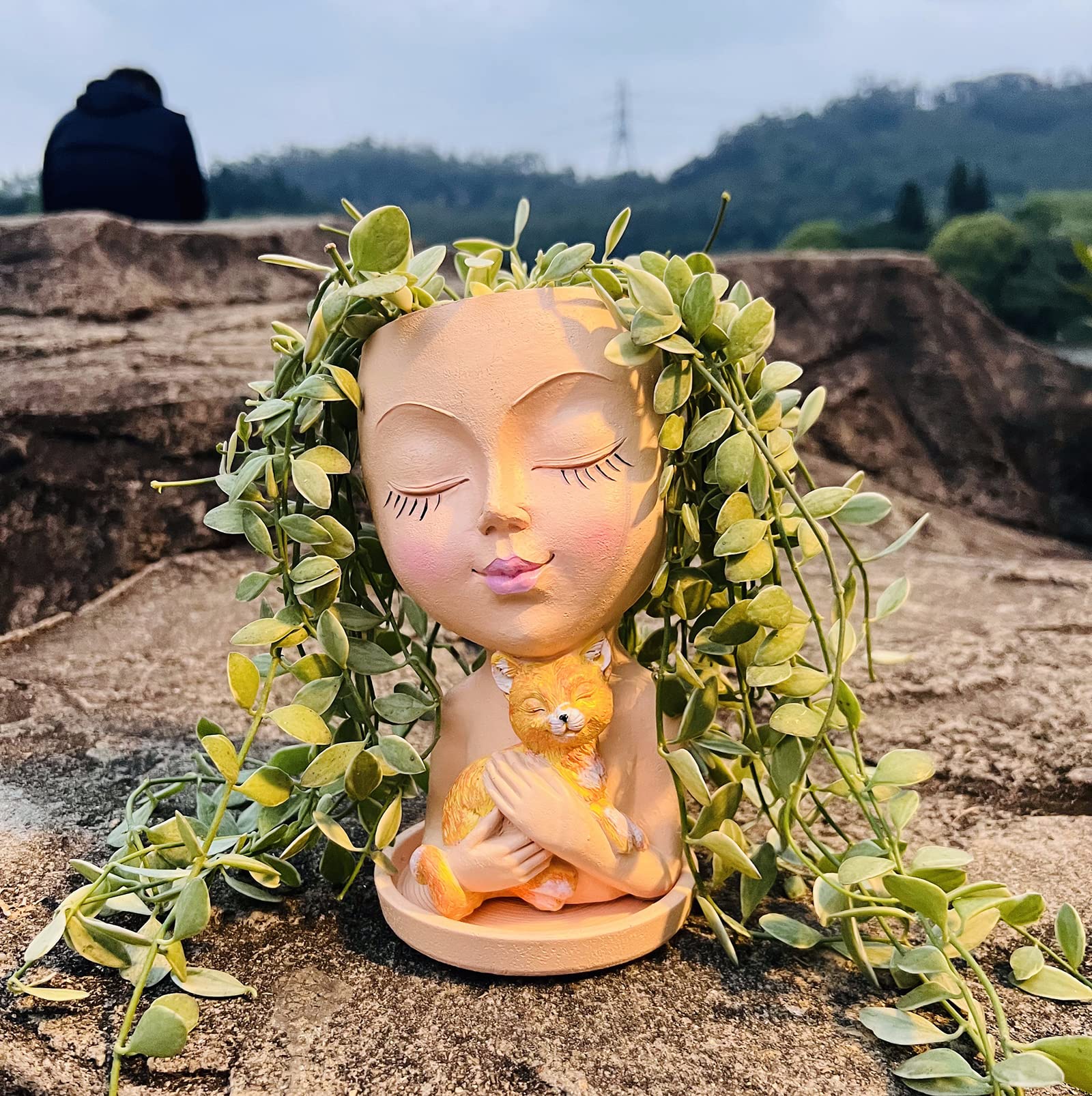 Face Planter Pots Double Face Flower Pots Resin Head Planter for Indoor and Outdoor Plants with Drainage Hole Loving Lady Succulent Planters Closed Eyes (Skin-Cat)