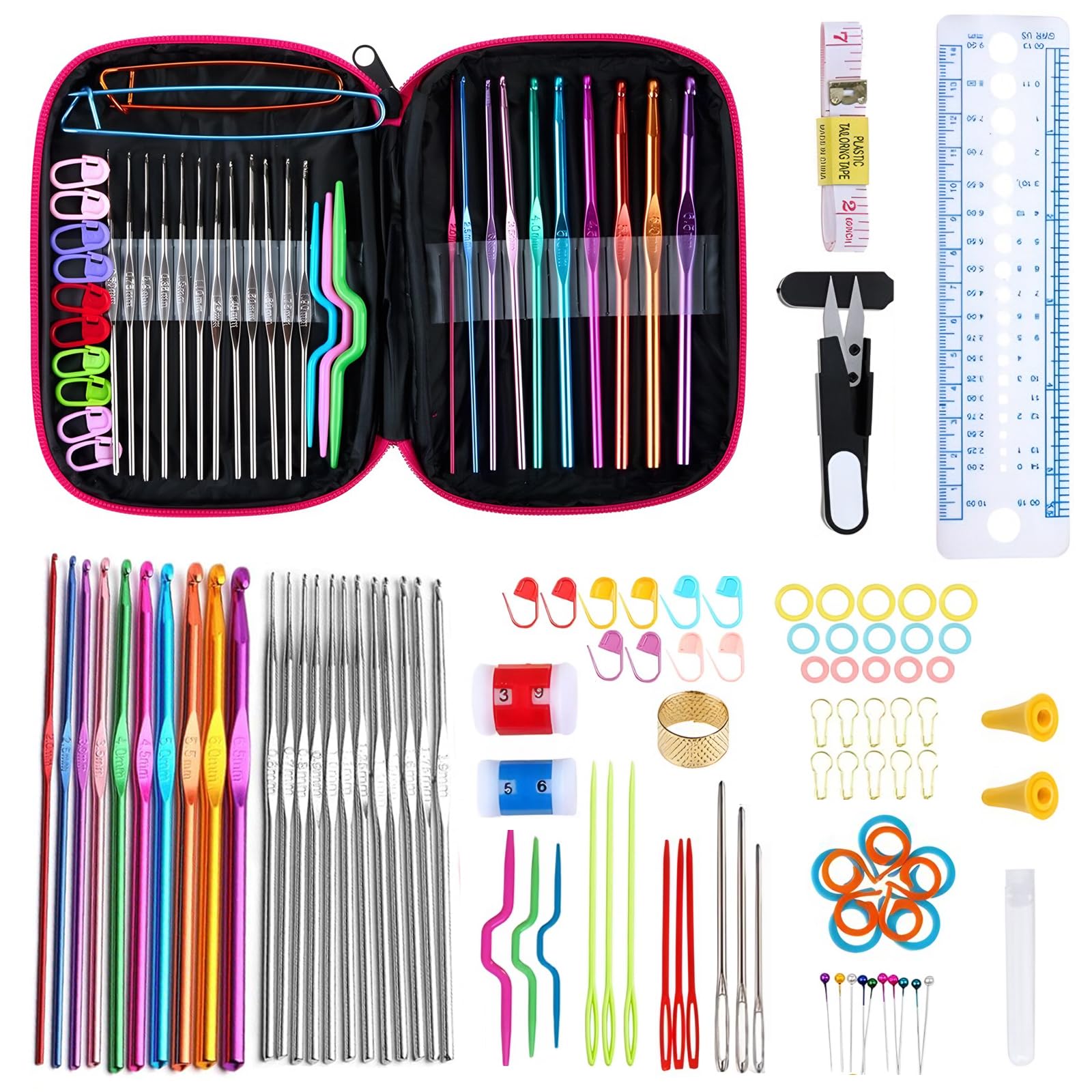 THINTON Häkelnadel Set 100 Stück Häkelnadeln mit Tasche, Ergonomische Häkelnadel Stricknadeln Zubehör 22 Größe 0.6mm-6.5mm Häkelset für Anfänger