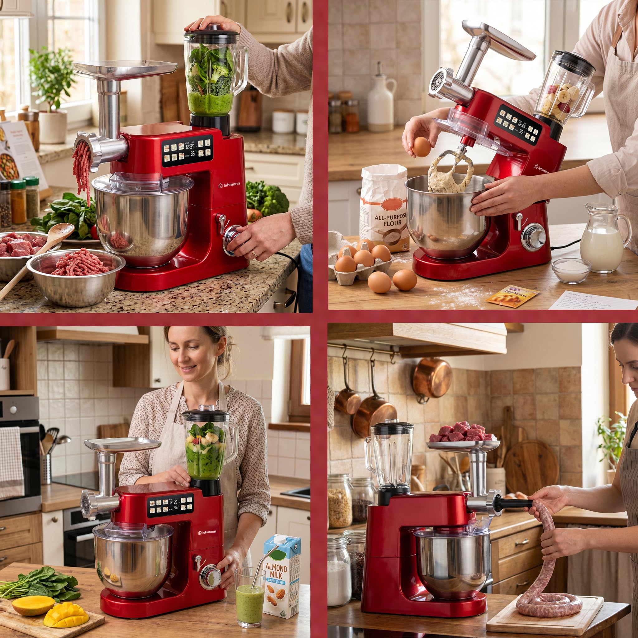 LEHMANN Teyles Impastatrice Planetaria Professionale 2100W 8L con Bilancia Integrata, Touchscreen e Ciotola Riscaldata, Blender 1,5L, Tritacarne, Planetaria per Pane e Pizza, Rosso