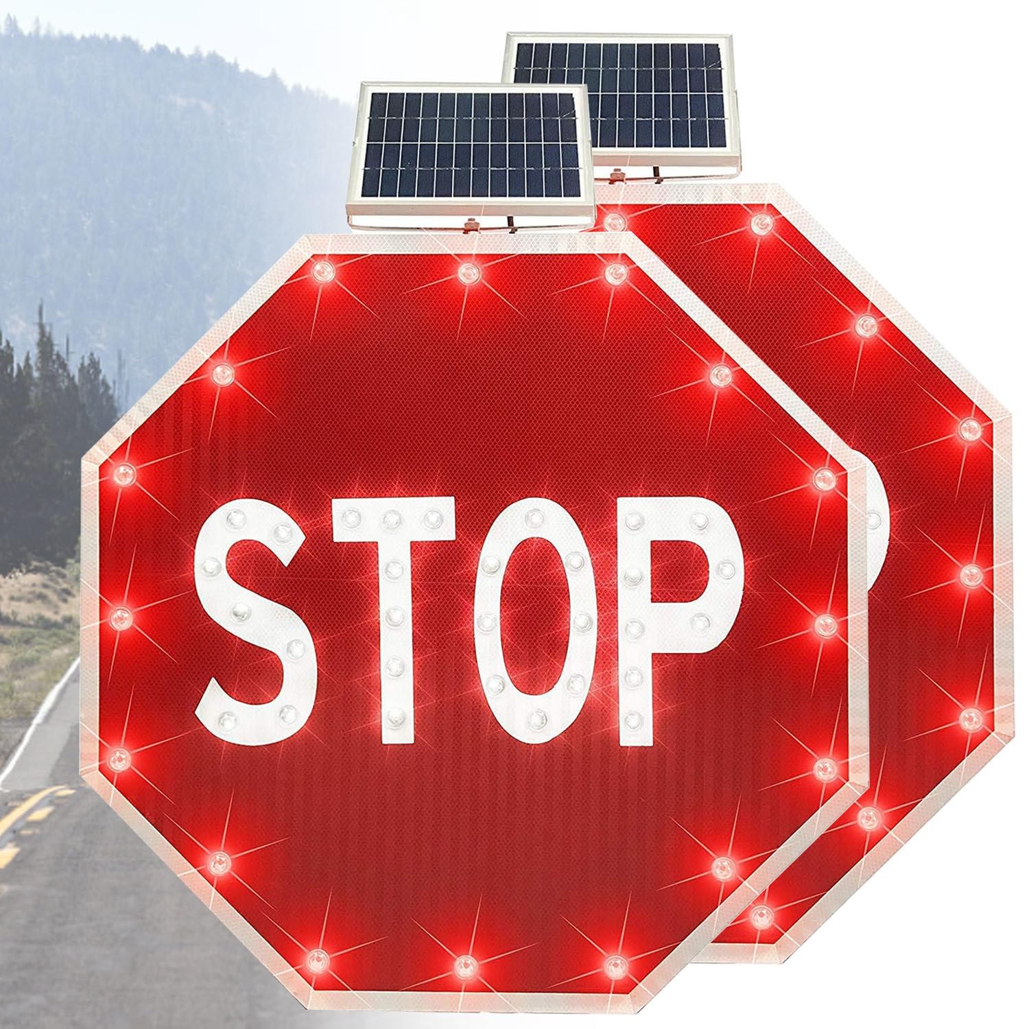 Señales de tráfico solares Intermitentes, señal de tráfico Octagonal de Aluminio, con película Reflectante de Grado Industrial, señal de Stop LED Intermitente con energía Solar 32IN-2