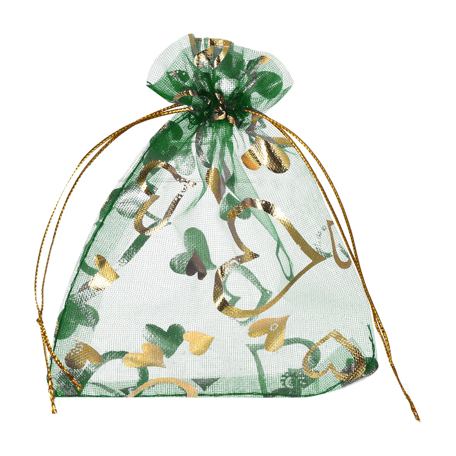 sourcing map Organza Bag 5" x 7", Sheer Heart Mesh Bags Drawstring Gift Bags Bulk Party Favor Bag Jewelry Pouches for Wedding Candy Valentines (Grass Green-Gold, Pack of 50)