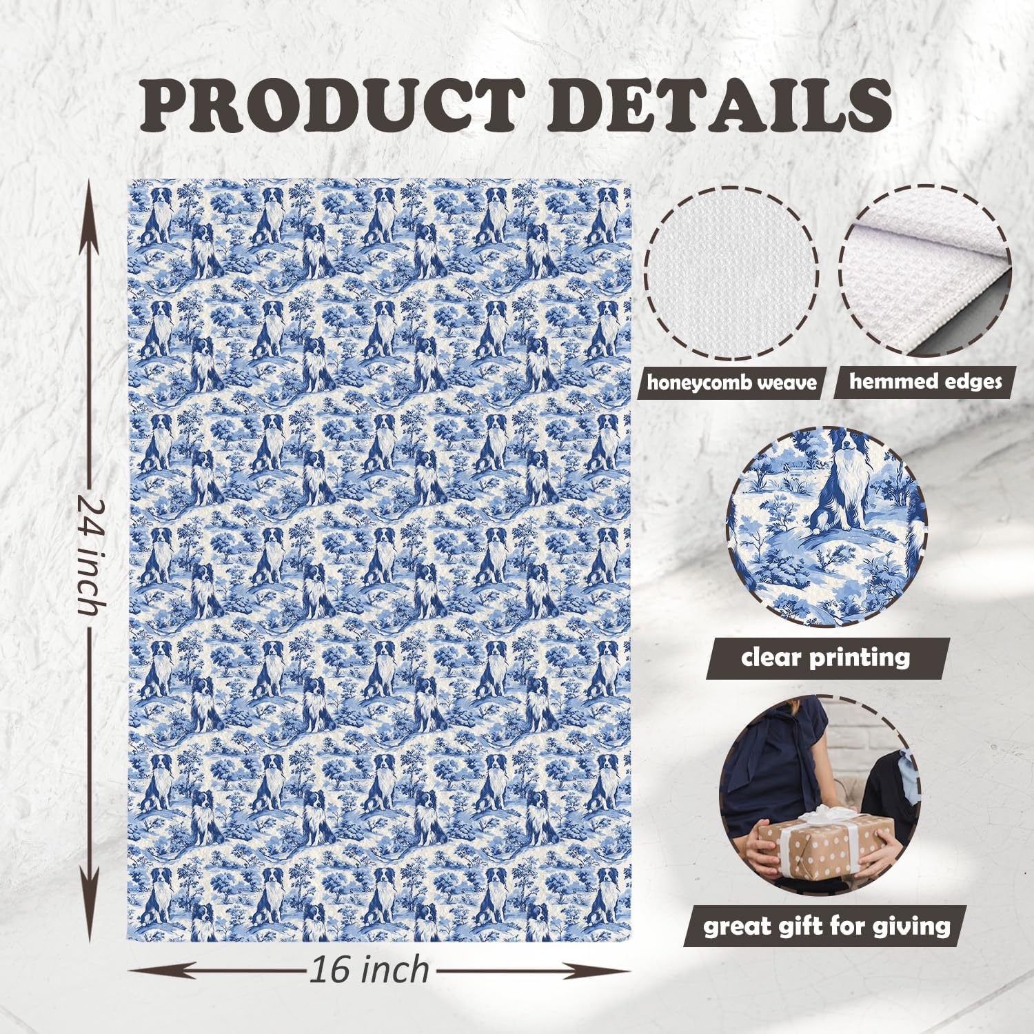 Chicimln Chinoiserie Border Collie Kitchen Towels, Border Collie Gifts Decorative Hand Towels for Bathroom, Blue and White Dog Dish Tea Towel Drying Cloth for Kitchen Decor, 16x24 Inch - Image 2