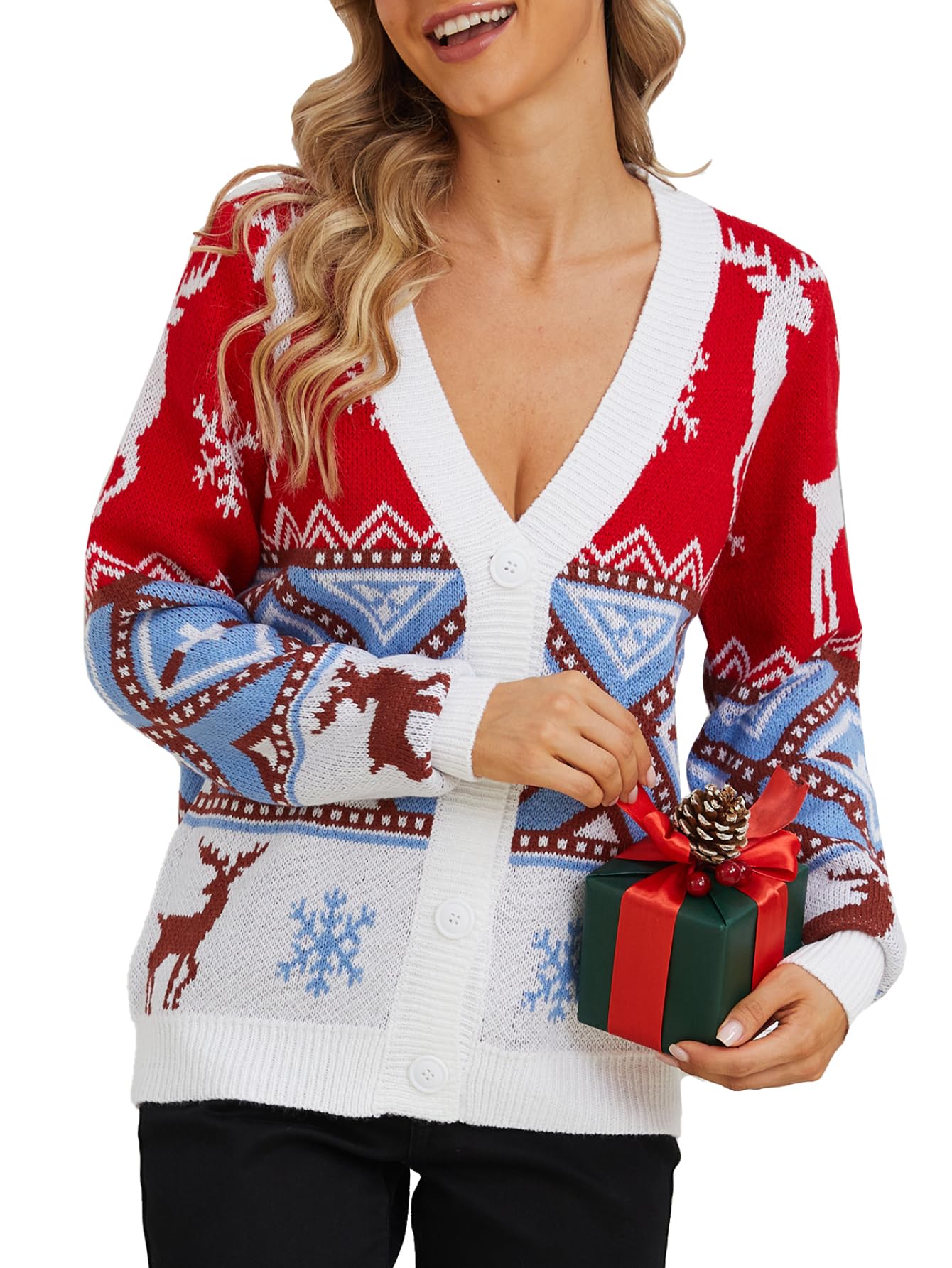 VENTELAN Classic Cardigan Ugly Christmas Sweaters for Women V Neck Button Down Sweater with Fun Patterns and Animals