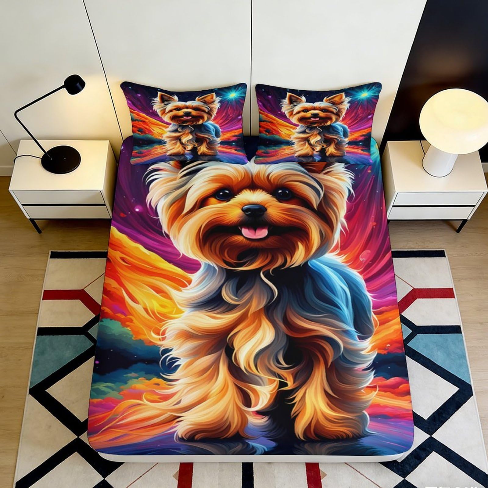 3D Printed Yorkshire Terrier Art Fitted Sheet Microfiber Colourful Dog Bed Cover Bedroom Dorm Decor 90x200x25cm