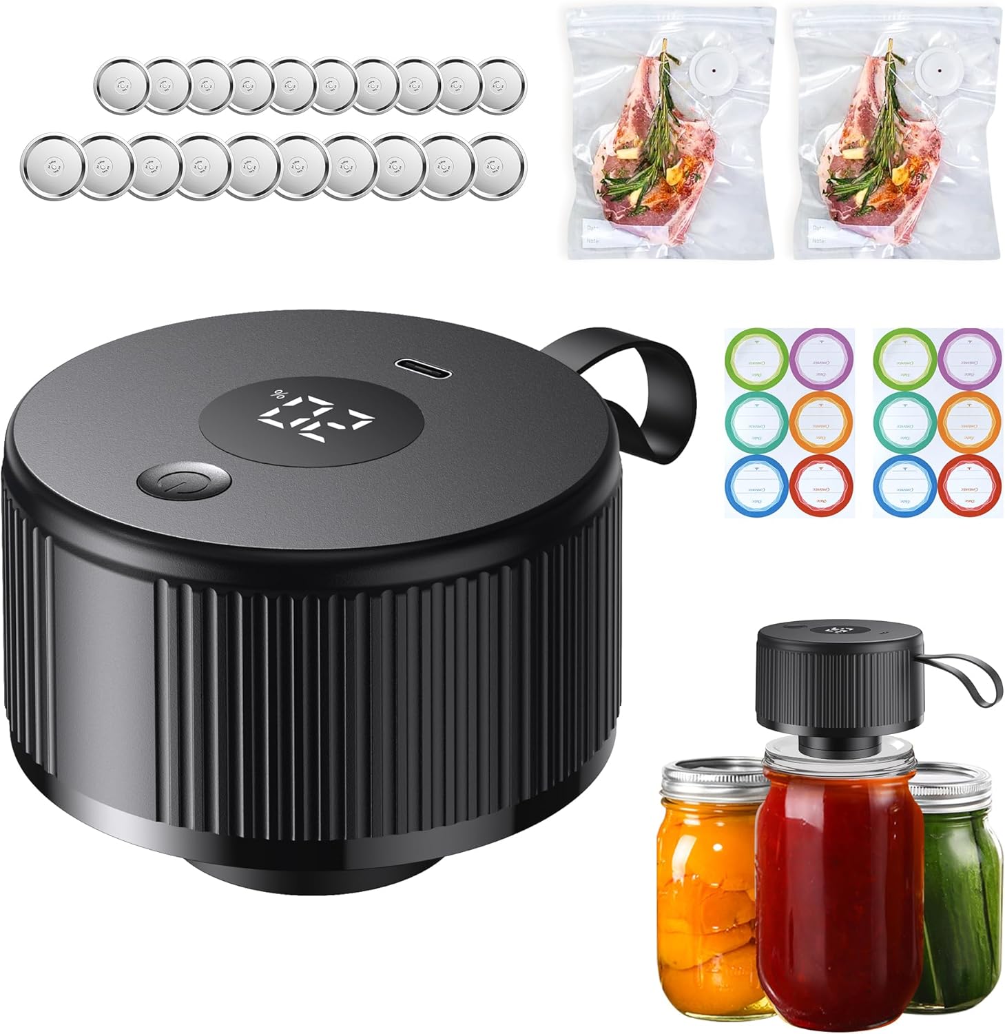 3-in-1 Electric Mason Jar Vacuum Sealer Kit for Mason Jars, Food Savers & Containers | Food Preservation System for Kitchen | Ideal for Vacuum Canning Jams, Pickles, Dry Foods, Grains & Leftovers