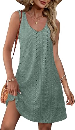 Aokosor Womens Summer Dresses 2025 Loose V Neck Sleeveless Sundress Beach Coverup with Pockets Floral/Plain/Eyelet