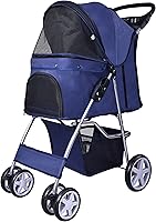 Elevon Pet Stroller for Small Medium Dogs Cats - 4-Wheel Folding Travel Stroller with Detachable Carrier, Breathable Blue