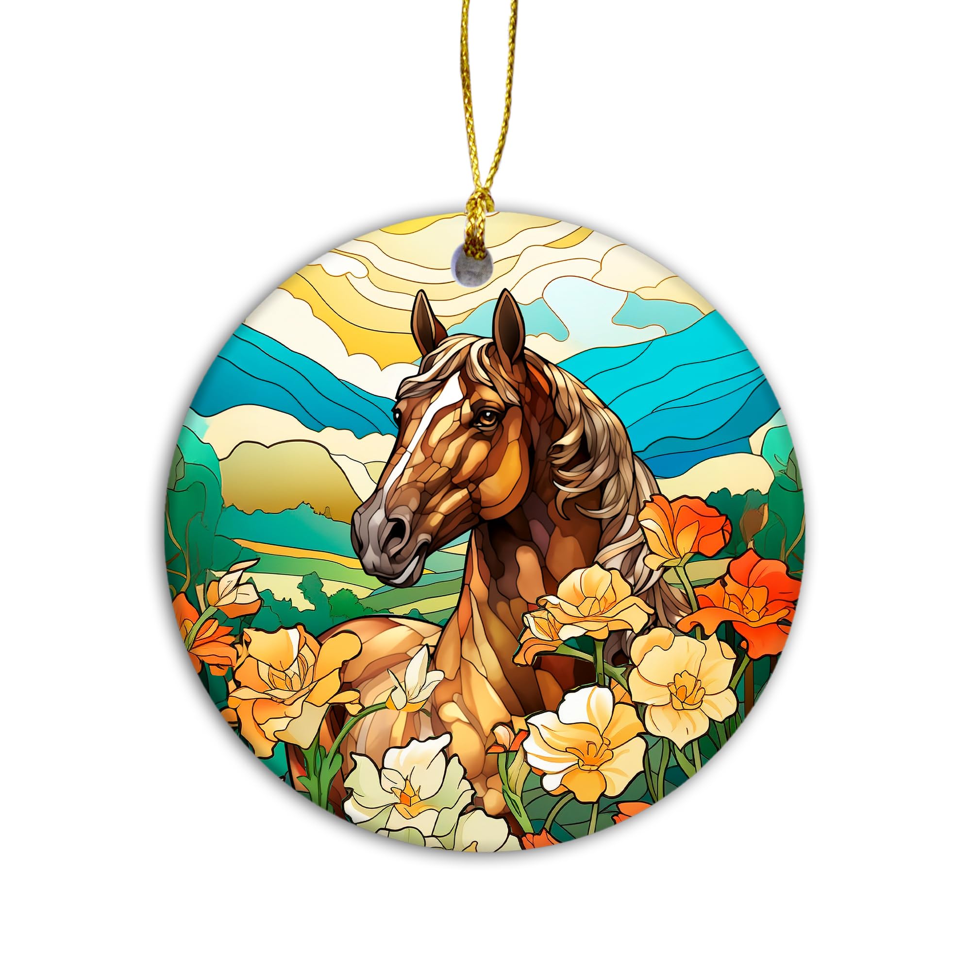 Sunflower Horse Ornament - Stained Glass Effect Suncatcher for Christmas Tree, Horse Lover Equestrian Gift