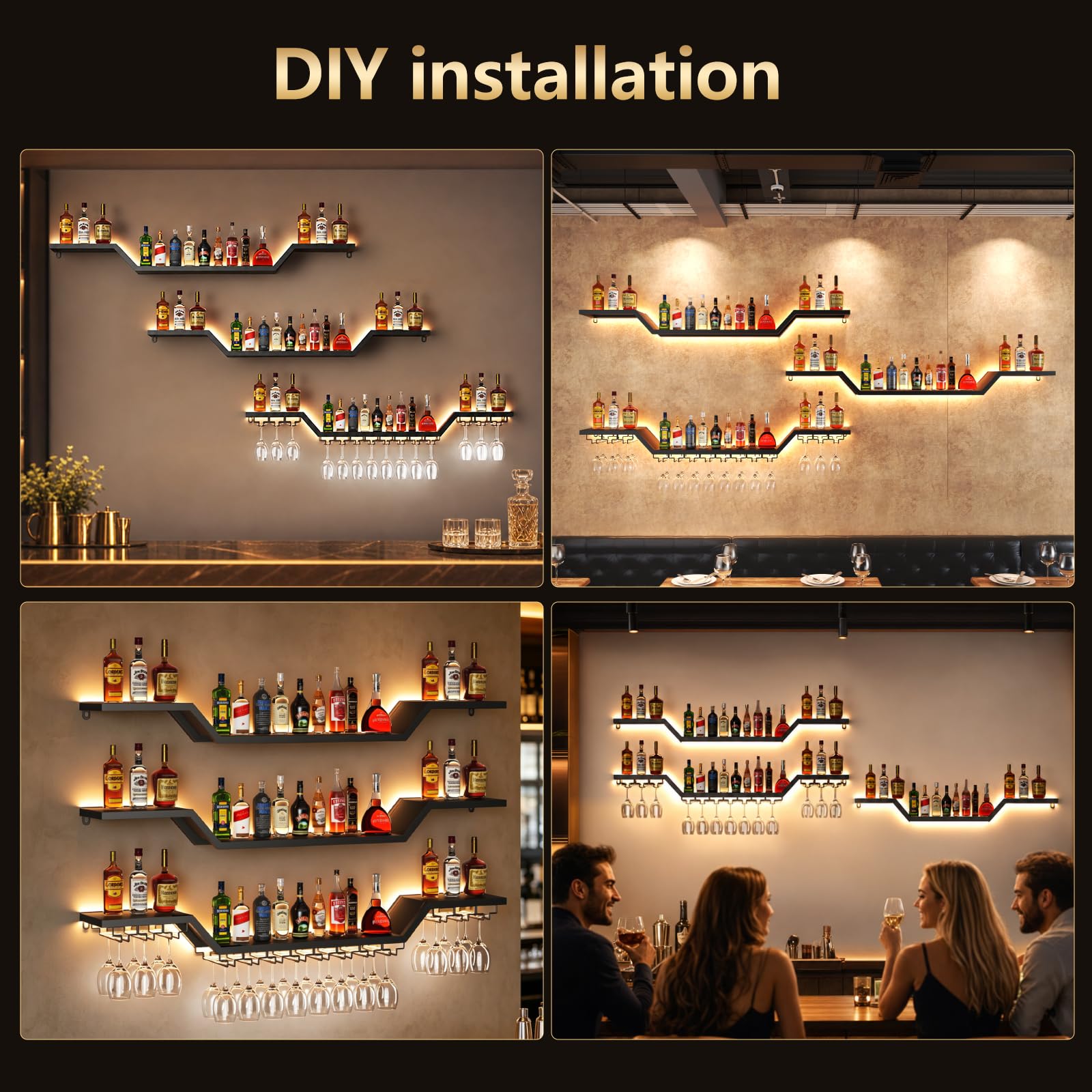 Portabottiglie da Parete Metallico con LED, 3 Livelli Mensola Per Vino Industriale Calice E Portabicchieri, per Vino, adatto per Bar, Cucine e Ristoranti (100cm)