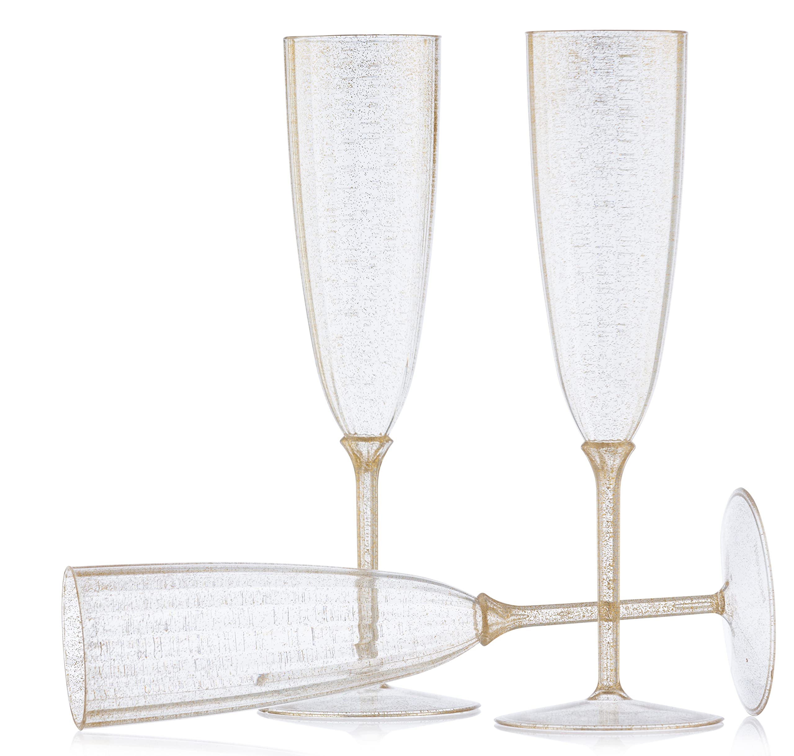 Decor Decorline - 48 Sektläser aus Premium-Kunststoff mit Goldglitter Stiel-Glas Wiederverwendbar Champagner Gläser für Hochzeiten & Partys, 170ml - Mehrweg & Stabil