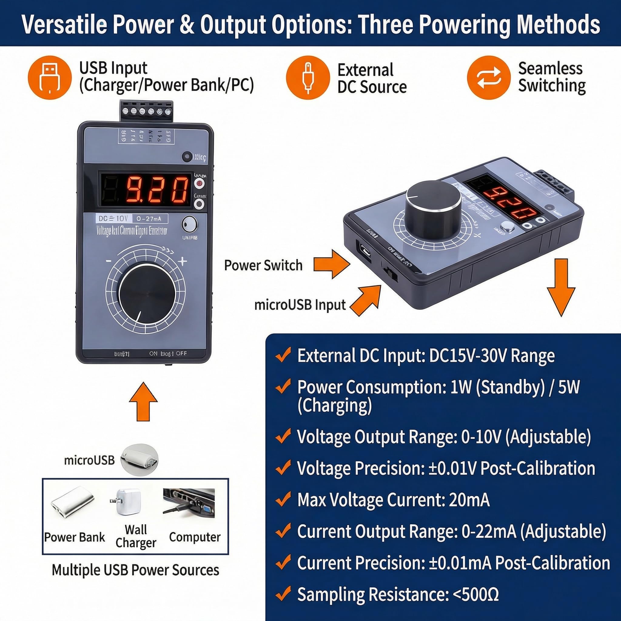 Générateur de Signal Portable, 0-10V 0-22mA Générateur de Signal de Courant de Tension, Calibrateur de Source de Signaux Analogiques, Ajustable Simulateur Analogique de Tension et de Courant Réglable