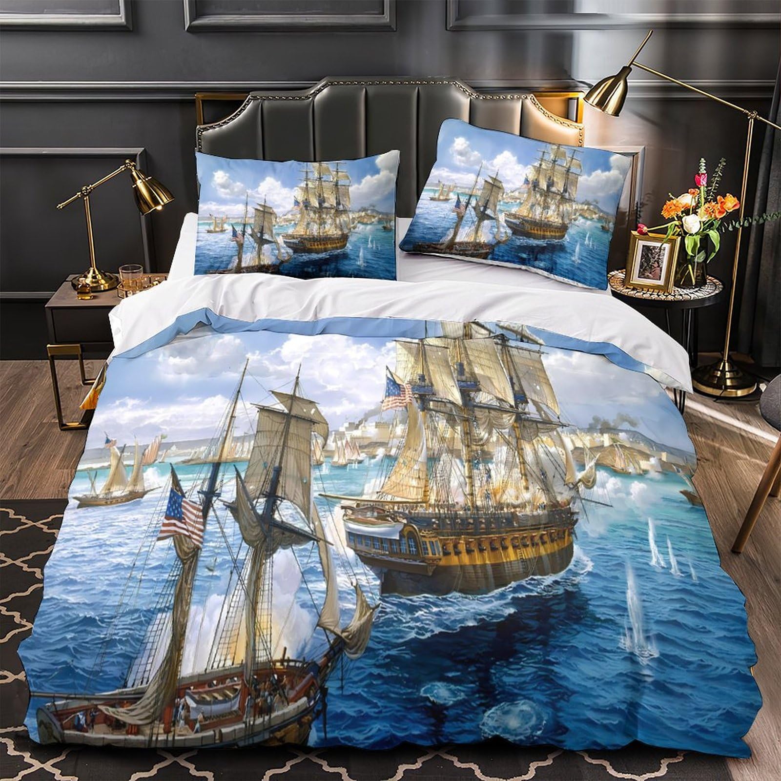 Drap de couette bataille de voiliers en microfibre hypoallergénique premium King 220x240