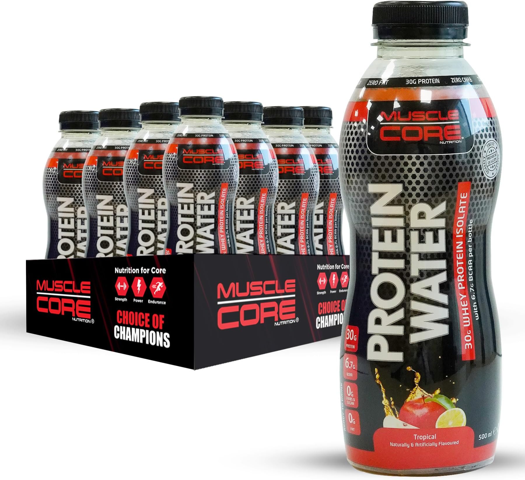 Muscle Core Nutrition Protein Water | Tropical | 30 Gram Whey Protein Isolate with 6.7g BCAA | 12x500 ml