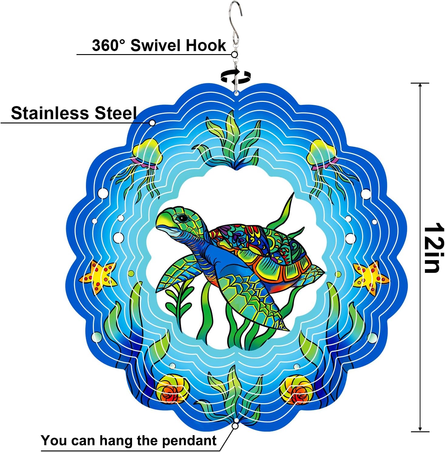 Sea Turtle Wind Spinners Outdoor, Sea Turtle Gifts for Mom Women Grandma Men,12inch 3D Hanging Metal Wind Sculpture Mothers Day Birthday Presents for Garden Ornament Decoration