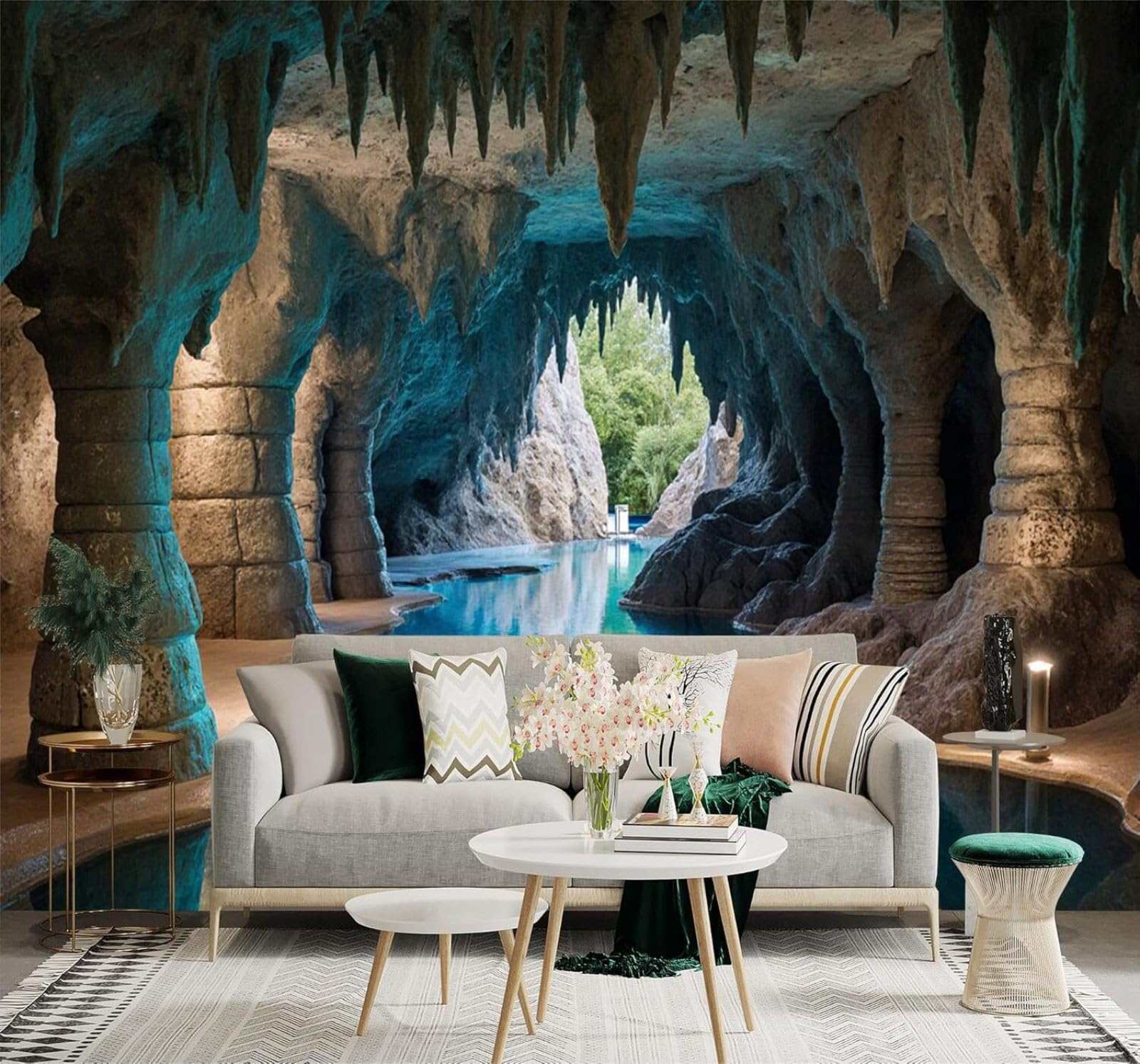 XLMING Three Dimensional Blue Cave Rock Pillars Reflective Pool Space 3D Wallpaper Premium Textured Silk Study Dining Living Room Bedroom Sofa TV Wall Easy Install-350cm×256cm