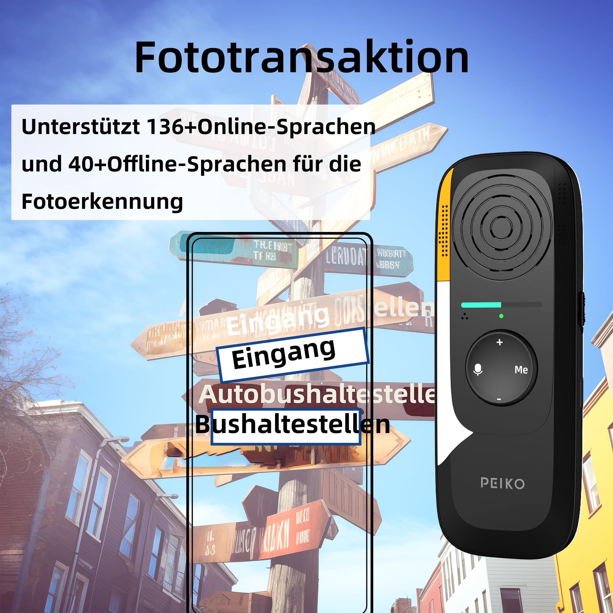 Peiko Sprachübersetzer Gerät – KI-Echtzeit-Übersetzer mit 75 Sprachen & 136 Akzenten, Zwei-Wege-Offline-Übersetzung, Mini Translator für Reisen, Lernen & Geschäftsreisen