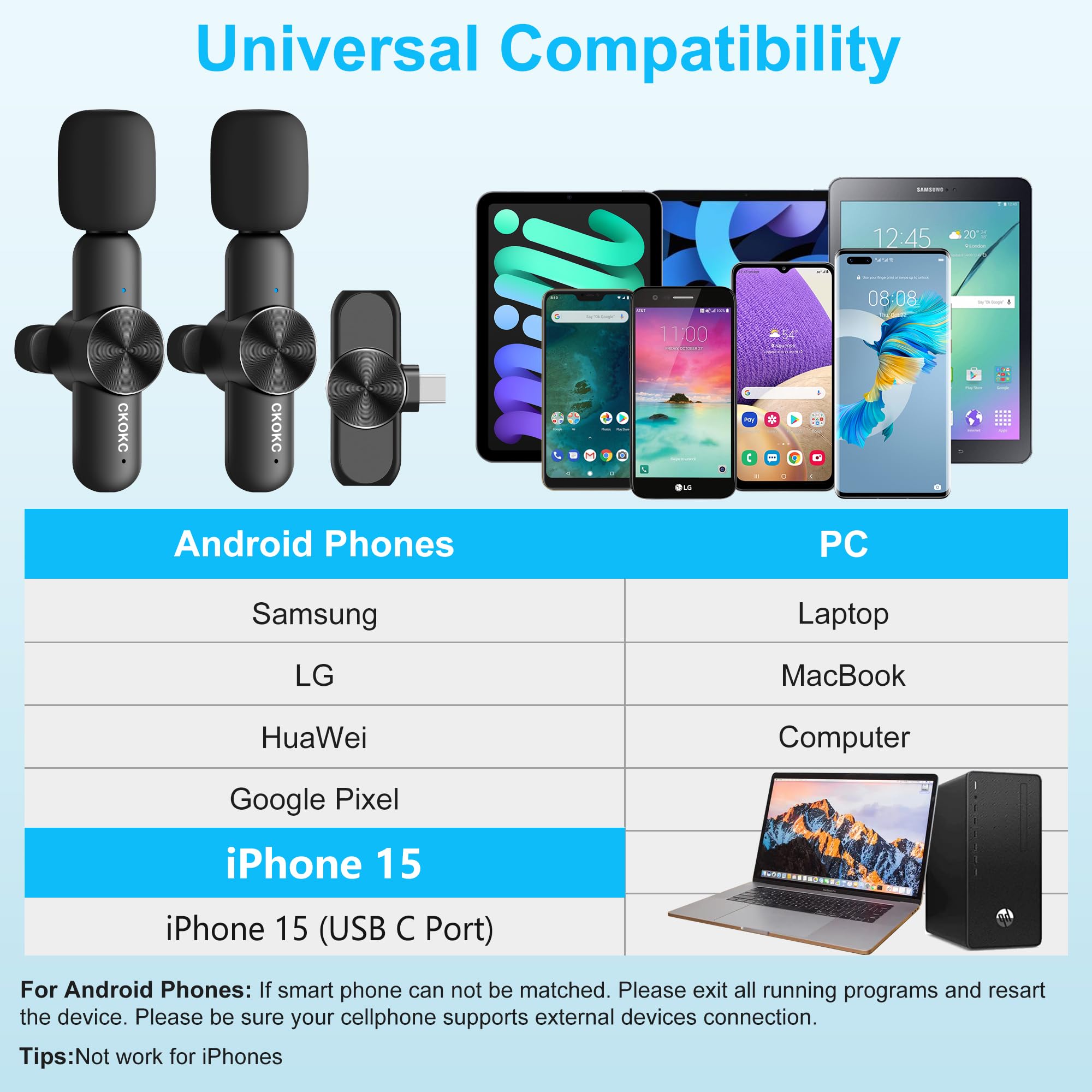 Wireless Microphones for iPhone 15 - Android Phone & Computer/Laptop, Mini Professional Wireless Lavalier Microphone for Video Recording Podcast Cordless Lapel Mic with USB C — Amazon image 3