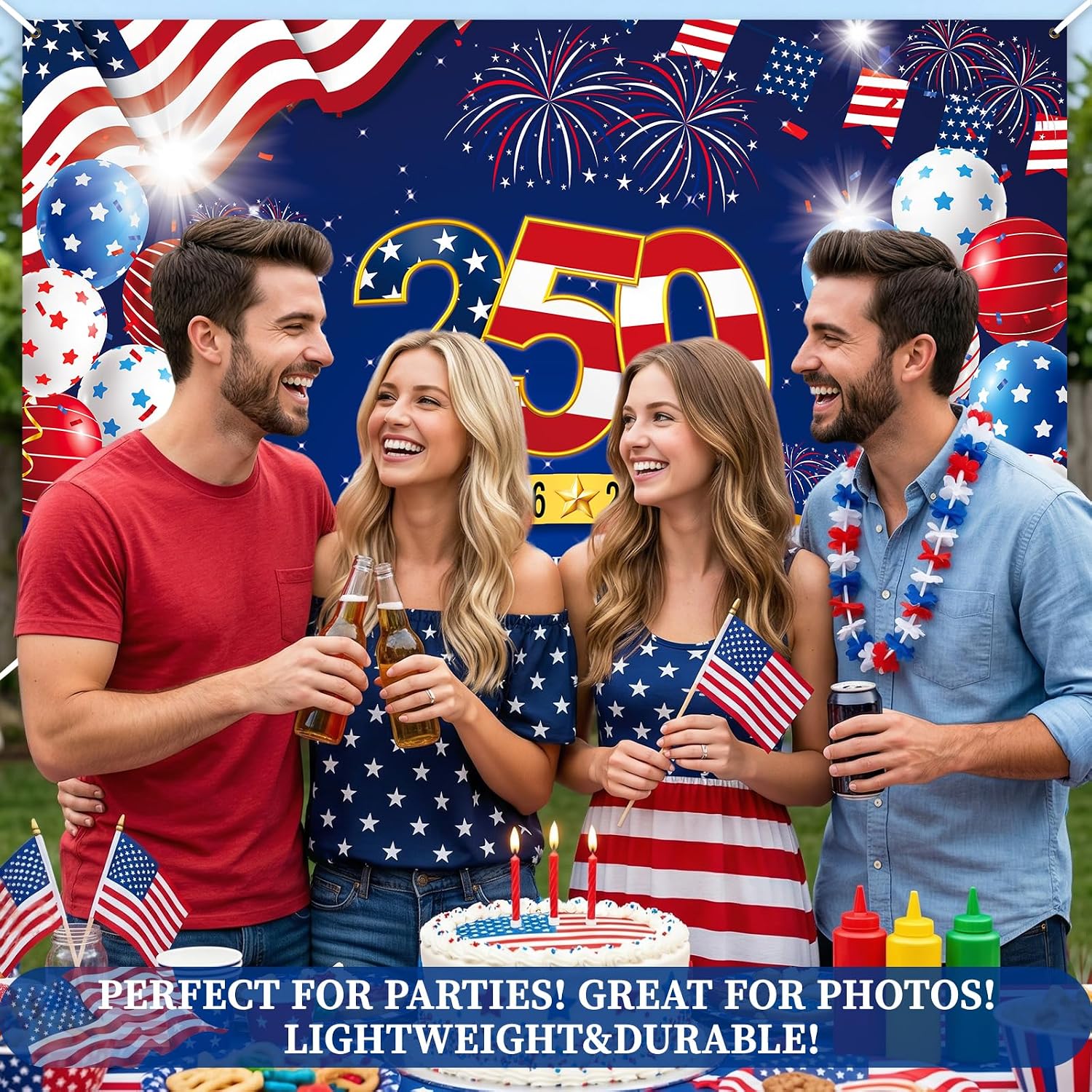 250th Anniversary American Backdrop, 4th of July Party Decorations,1776-2026 250th Birthday Fabric Banner with Grommets, Independence Day Decorations for Outdoor, Indoor, Yard, Garden, Porch