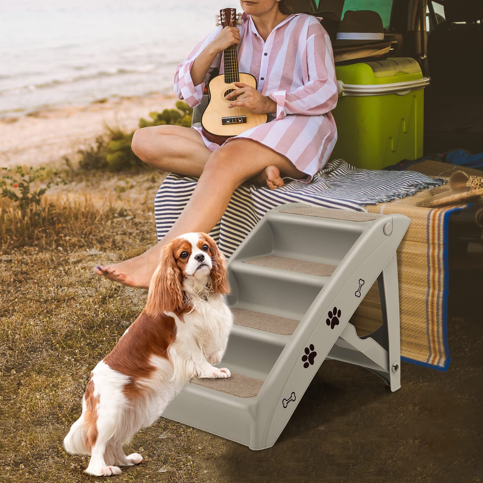 GOPLUS Escalera Plegable para Mascotas con 4 Peldaños, Escalera para Perros de Plástico, Rampa para Mascotas Portátil con Superficie Antideslizante, para Cama Sofá Coche, Carga Máxima 60KG, Gris