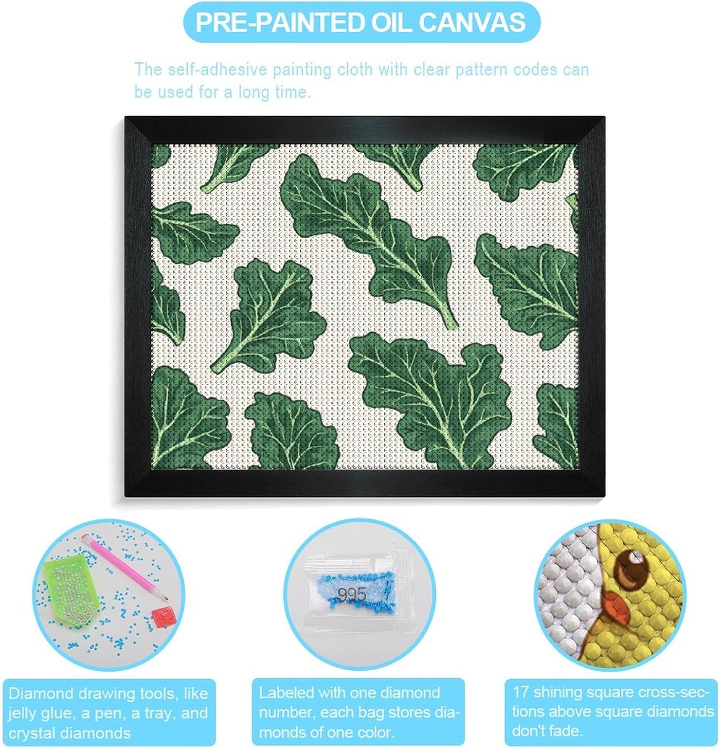 Kale Leaves Printed Diamond 5D Painting Kit 16x20in DIY Full Drill Craft with Tools for Home Wall Decor Gift Blackwood 50 * 40cm