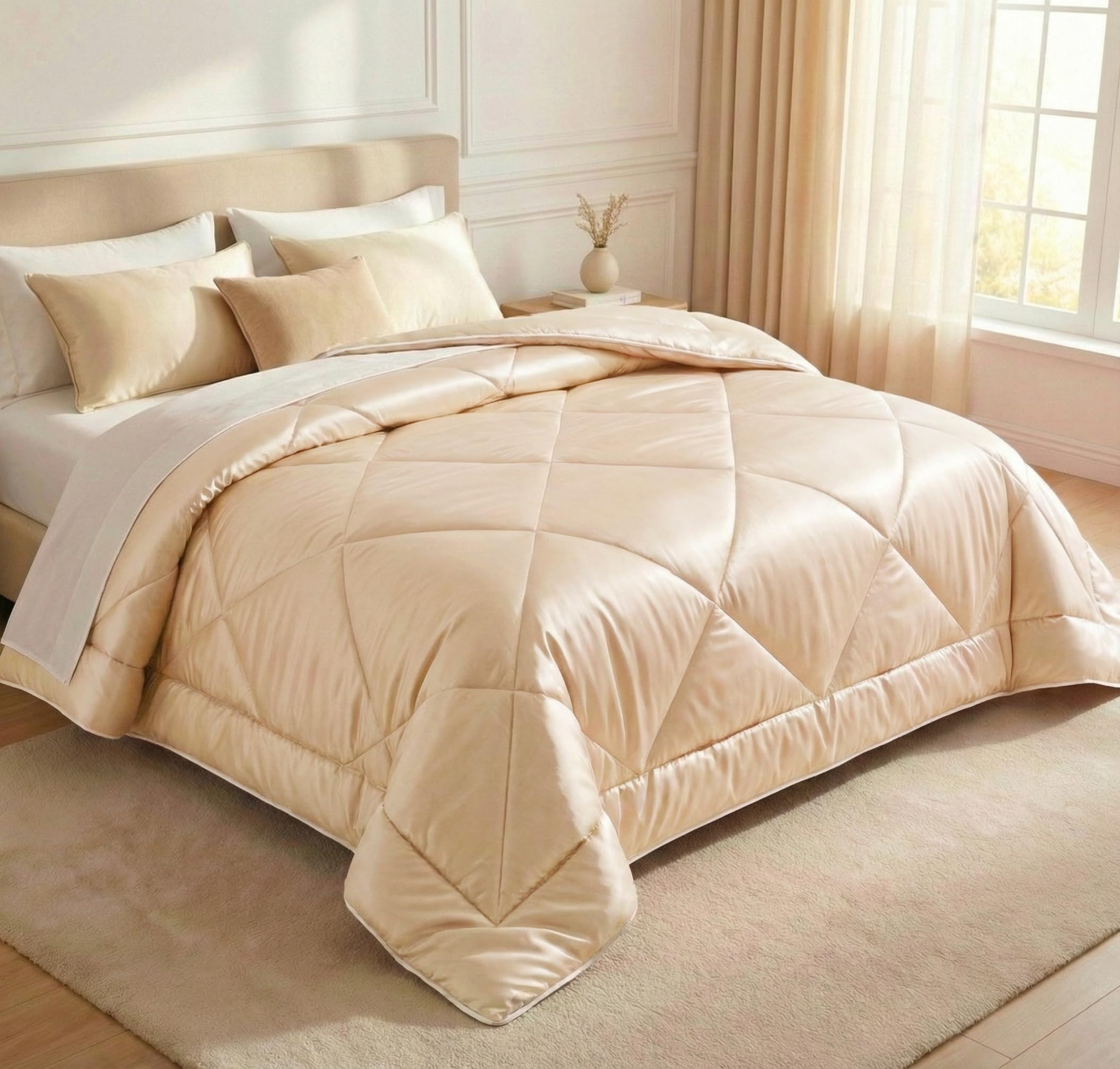 SANMARINO Comforter for Single Bed, 280TC Satin Comforters, Reversible AC Blanket/Duvet Comforter Lightweight, Breathable, Gift for Women, Wedding, Housewarming, Date Night - Baige-image-27