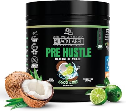 BLACKLABEL Supplements PRE Hustle V3 Pre-Workout Powder NSF Certified for Sport Energy, Strength & Endurance Support Coconut Lime Flavor with Creatine & Caffeine 30 Servings