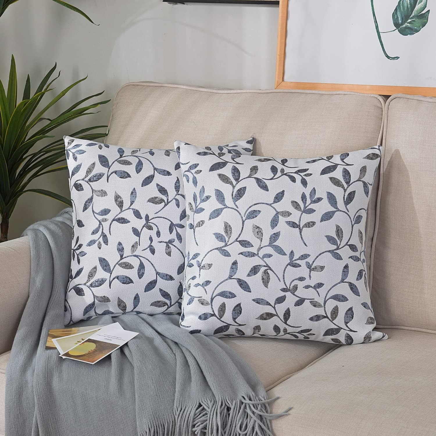 GYROHOME Throw Pillow Case,Pack of 2, Classical Embroidery Jacquard Bud Branch Pattern Square Decorative Cushion Cover, Teal-Grey, 22x22inch