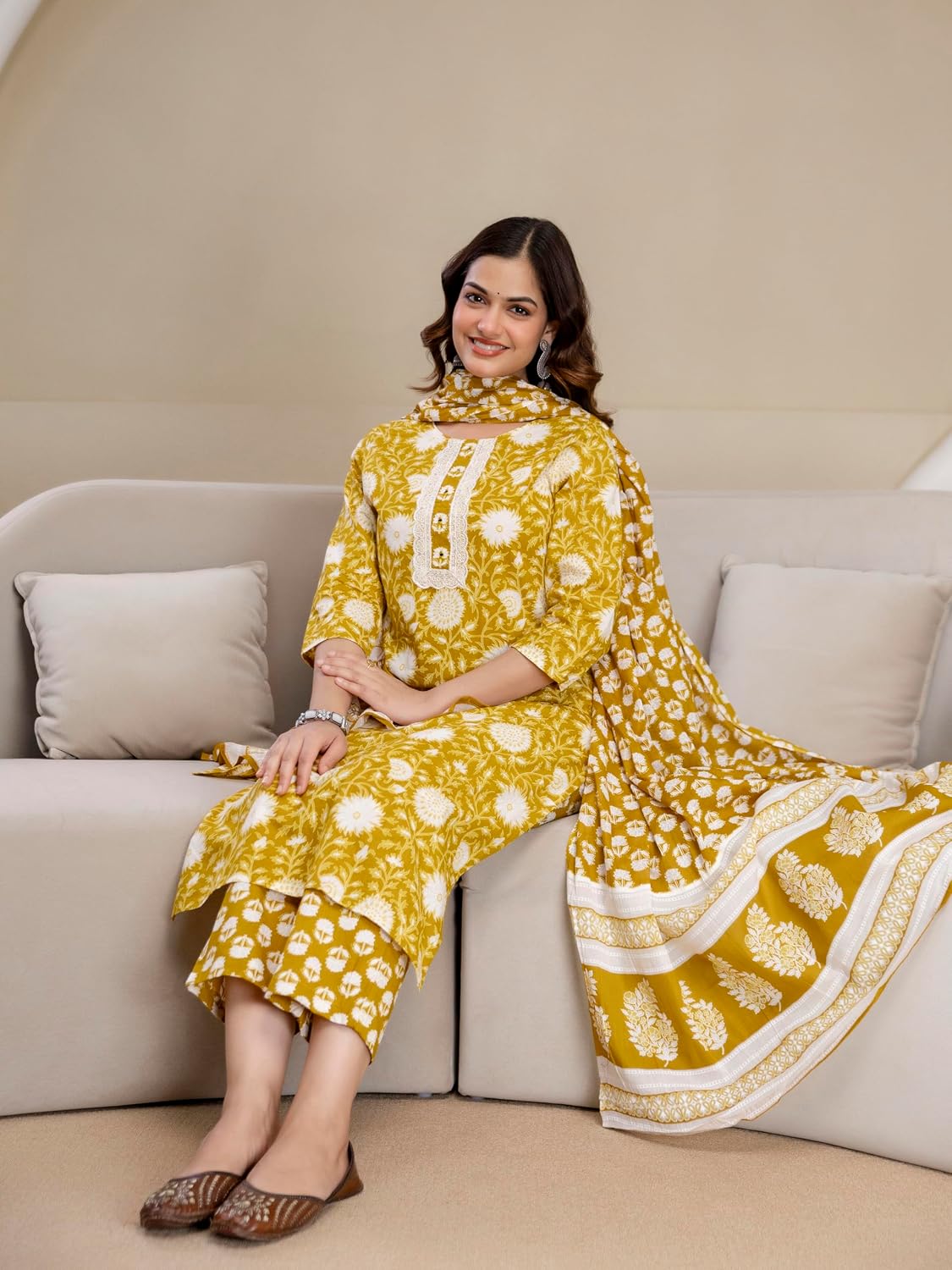 TRENDMALLS Women’s Pure Cotton Floral Jaal Print Kurta Pant with Dupatta Set | Embroidery Neck Work Kurta Set Ethnic Wear