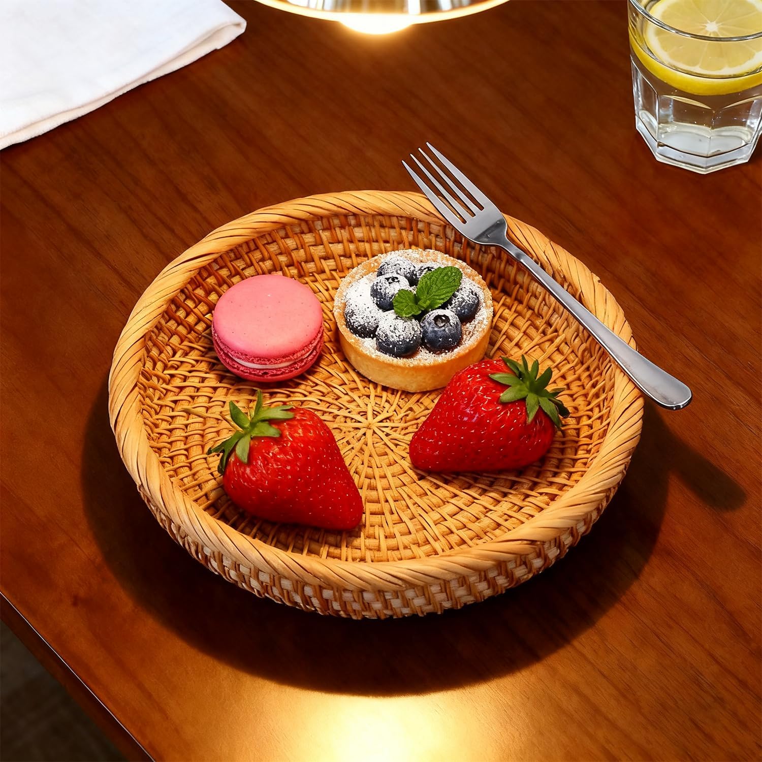 Handwoven Rattan Serving Basket, Natural Wicker, 7.6 Inch Round Bowl for Fruit, Bread, Snacks, Farmhouse Kitchen Decor