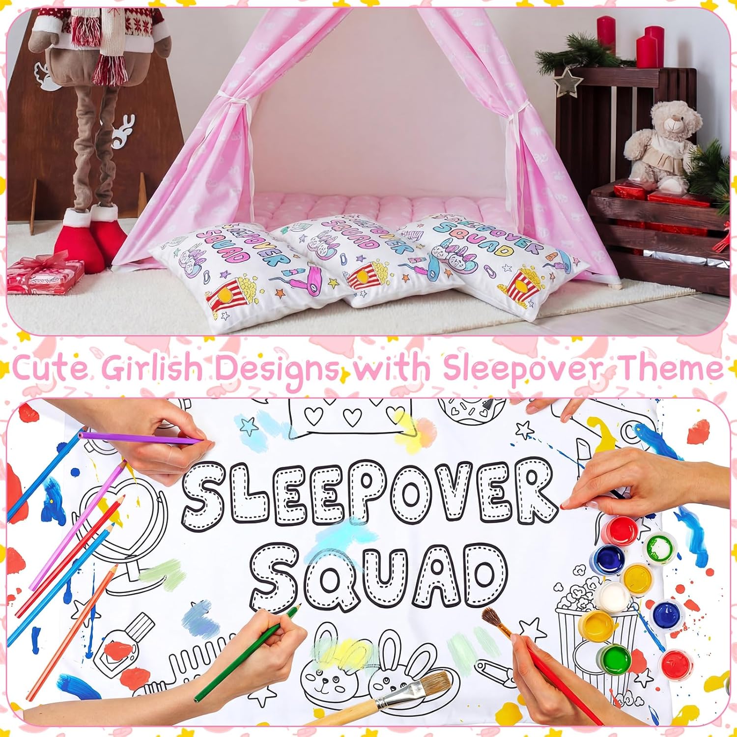 6 Pcs DIY Sleepover Pillowcase Supplies Coloring Sleepover Squad Pillow Covers Pajama Night Party Favors Color Your Own Slumber Pillowcase Arts Crafts for Birthday Overnight Gift