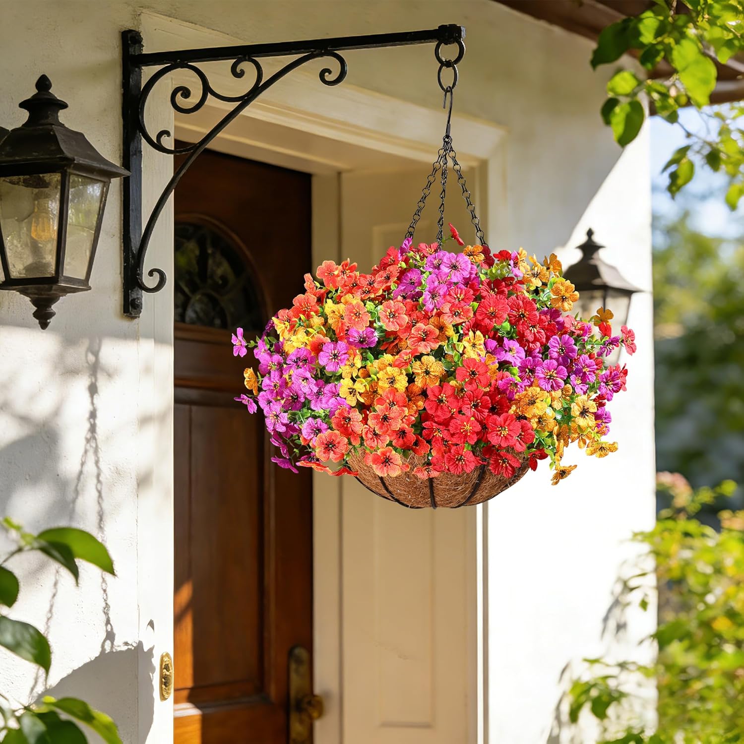 2 Set Artificial Flowers Hanging Plants in Basket,Artificial Hanging Flowers for Outdoor Indoor Decor,UV Resistant hanging Baskets with Fake Flowers for Spring Summer Patio Garden Porch Deck Decor - Image 8