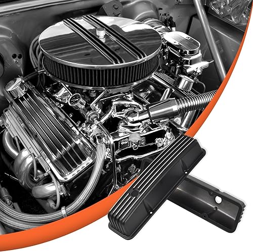 Miniatura 5 de Cubiertas de válvula de aluminio con aletas compatibles con bloque pequeño Chevy 58-86 Tall 327 350 400 - Negro
