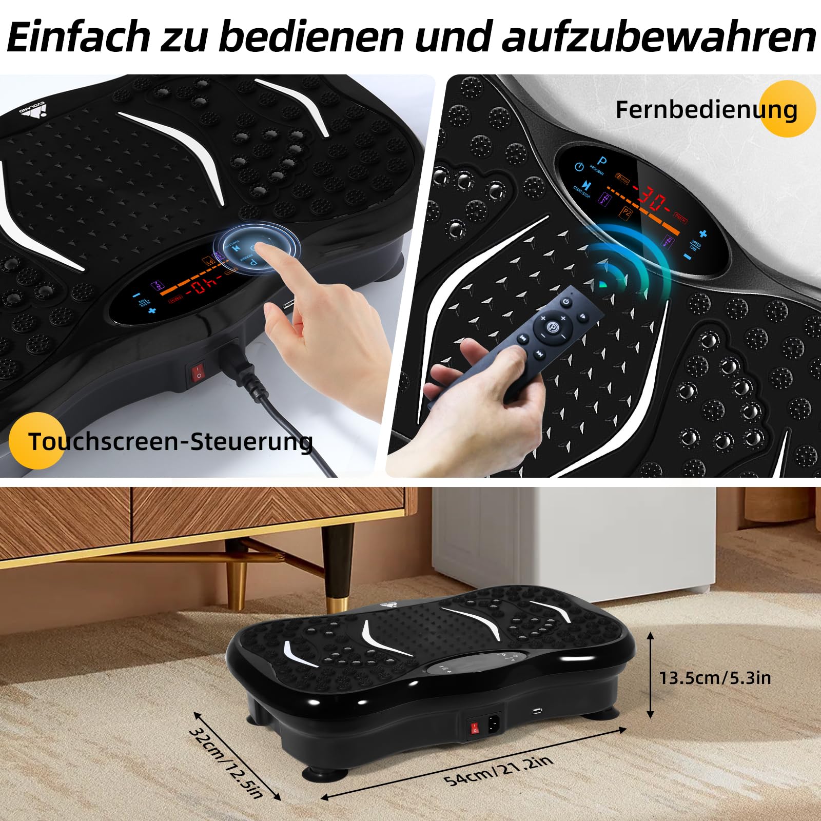 EVOLAND Vibrationsplatte Vibrationsgeräte mit 5 Trainingsprogramme bis 99 Intensitätsstufen, Bluetooth Lautsprecher, Widerstandsbänder mit Griff für Ganzkörpertraining und Körperformung