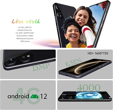 SIM-Free & Unlocked Mobile Phones 2025- Android 12, 6.5 Display Smartphone, 6(3+3)+16GB/256GB, Octa Core Smart Phone, 13MP Camera, 4G Dual SIM/Face Unlock/GPS UK (Dark Black)