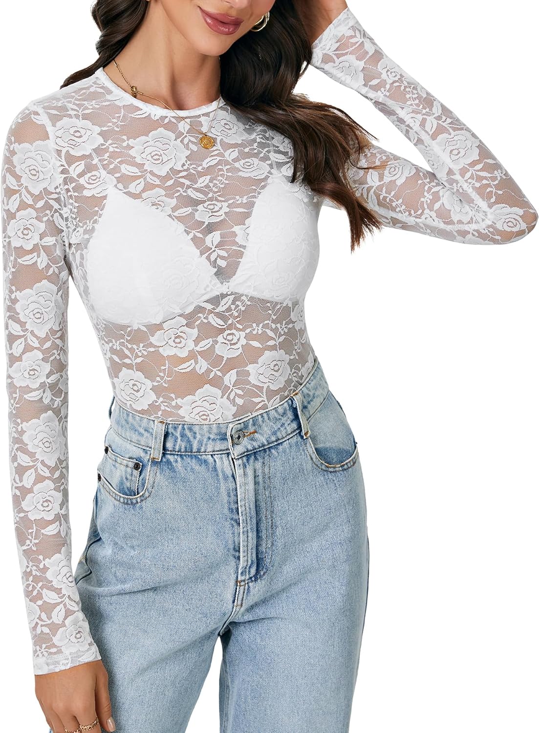LYANER Women's Sexy Mesh Top Floral Long Sleeve See Through Shirt Lace Sheer Blouses - Image 4