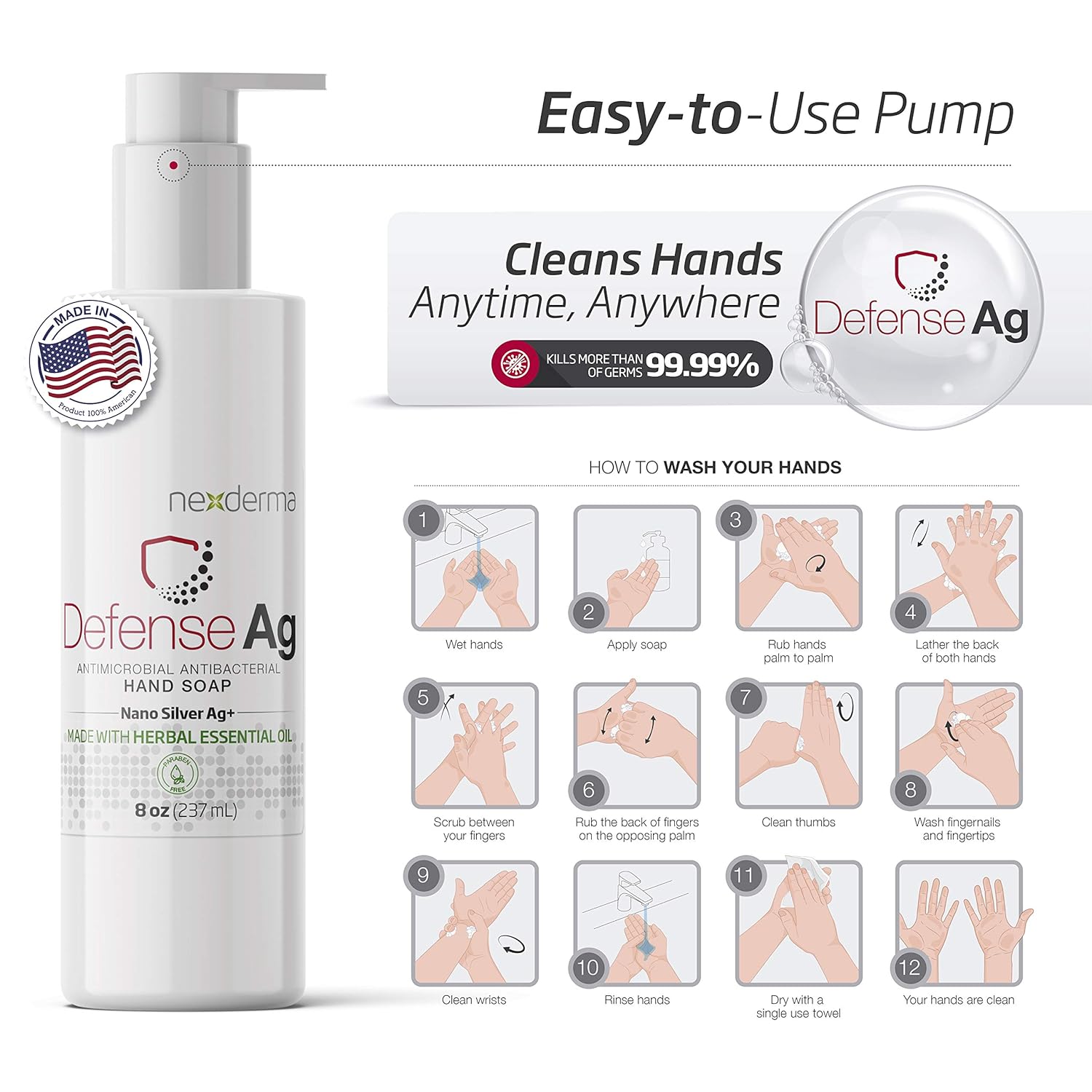 NEXDERMA Defense Ag Hand Soap with Coconut oil, Oat extract, Vitamin E and Herbal Essential Oil | Paraben free, Moisturizing & Effective Daily Hand Wash, Cleanser Combo | 8oz (236ml Each) - Pack of 4