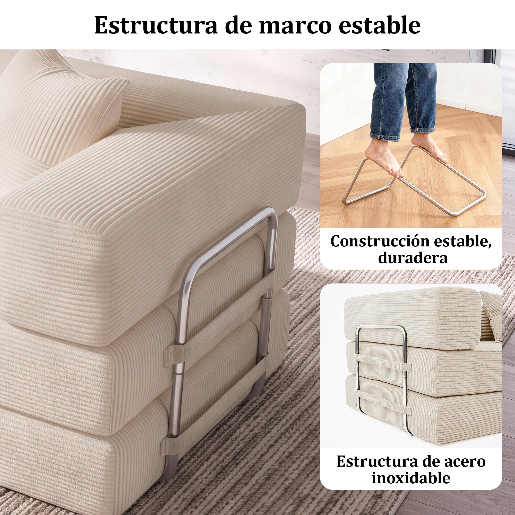 Vipbear Sofá Cama de Suelo 160cm,Plegable de Boneless de 2 plazas,Blanco | Desmontable,Plegable 5 en 1,Pana,Modular