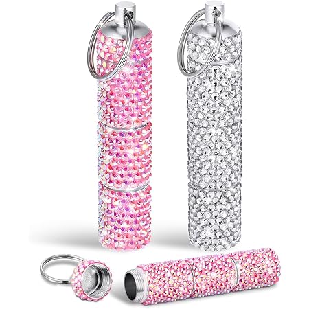 Vesici 2 Pcs Bling Small Pill Case with Keychain Rhinestone Glitter Portable Pill Container Holder Waterproof(3 Compartments,Pink, White AB)