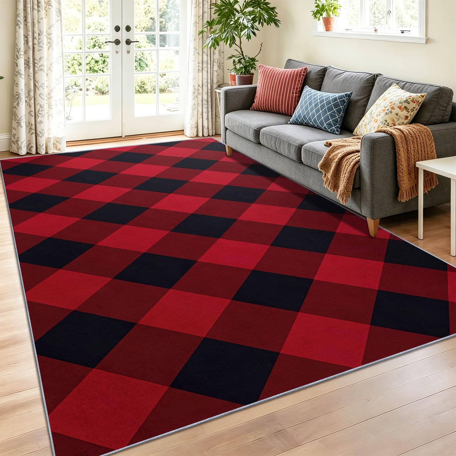 Générique Tapis de Salon Style Motif À Damier Simple Rouge Et Noir, AntidéRapant et Doux, Chambre Lavable en Machine, Tapis De Chambre Salle à Manger Decoration,Rouge, 140 x 200 cm