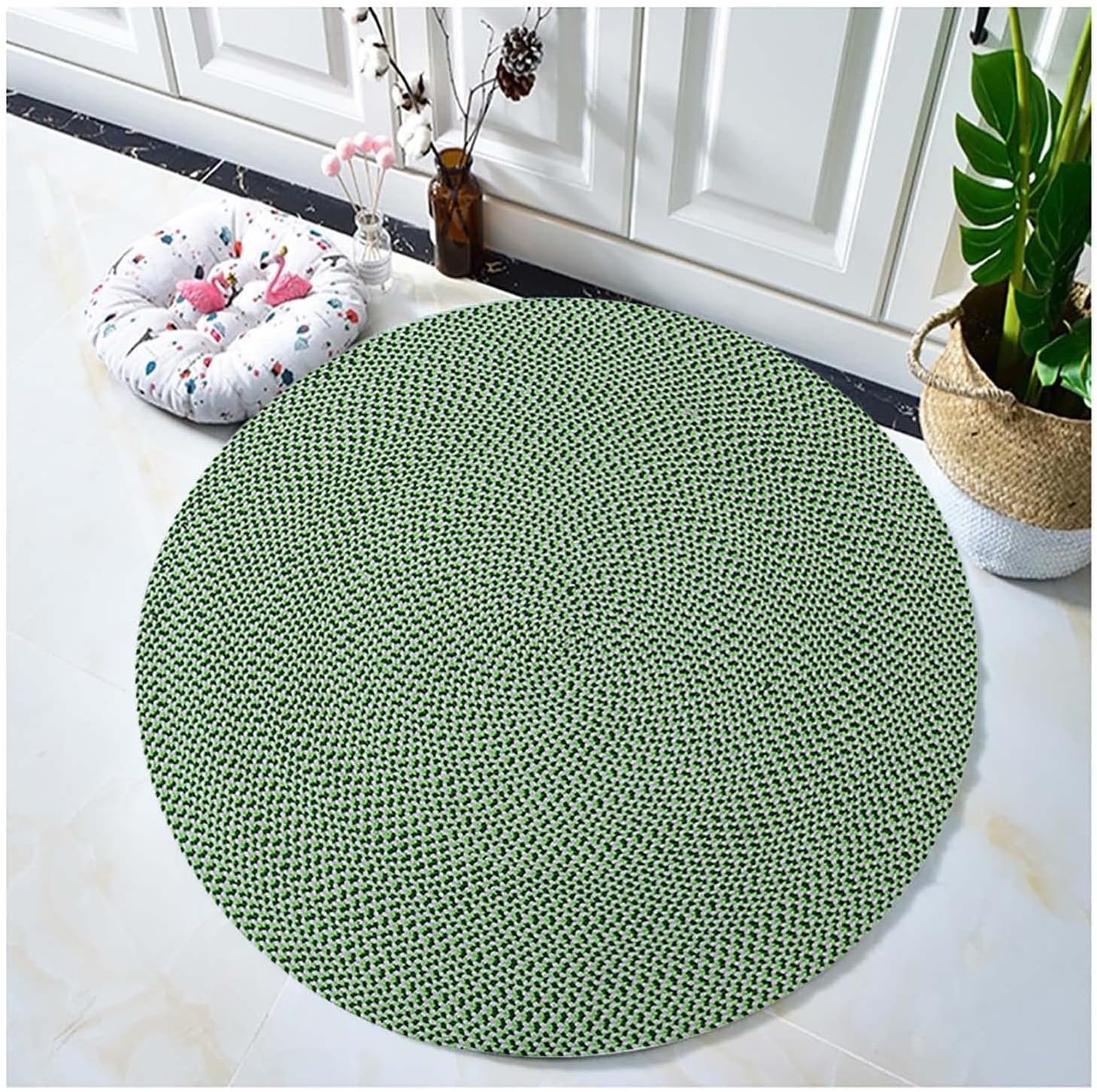 Green Woven Round Rug Soft Cotton Yarn Braided Rug Washable