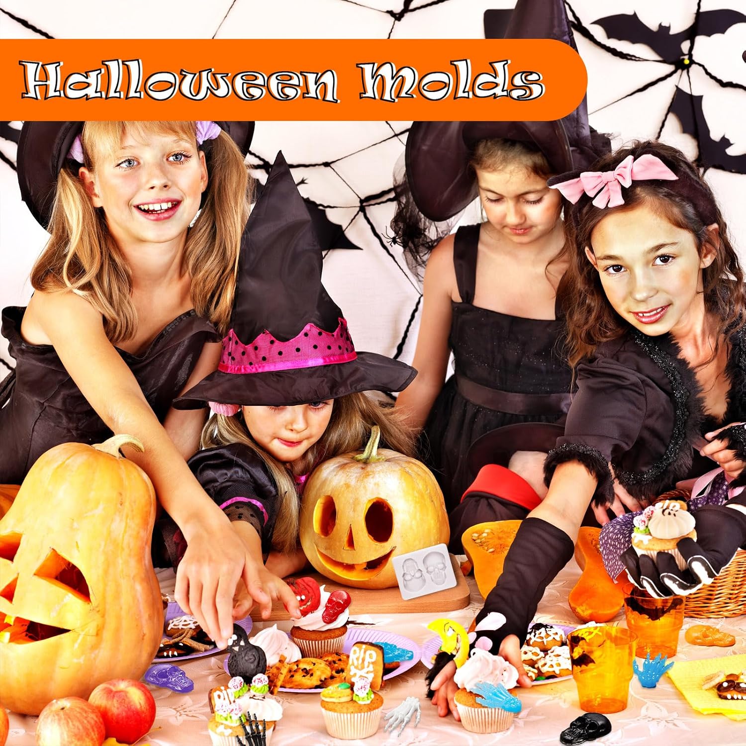 Patelai 4 Pcs Halloween Skeleton Hand Skull Mold, Silicone Fondant Molds