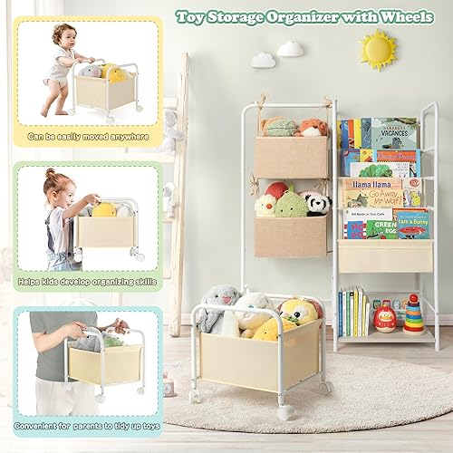 Miniatura 5 de Estantería para niños y almacenamiento de juguetes, estantería Montessori, estantes de libros para bebés de 4 niveles, estantería para niños con