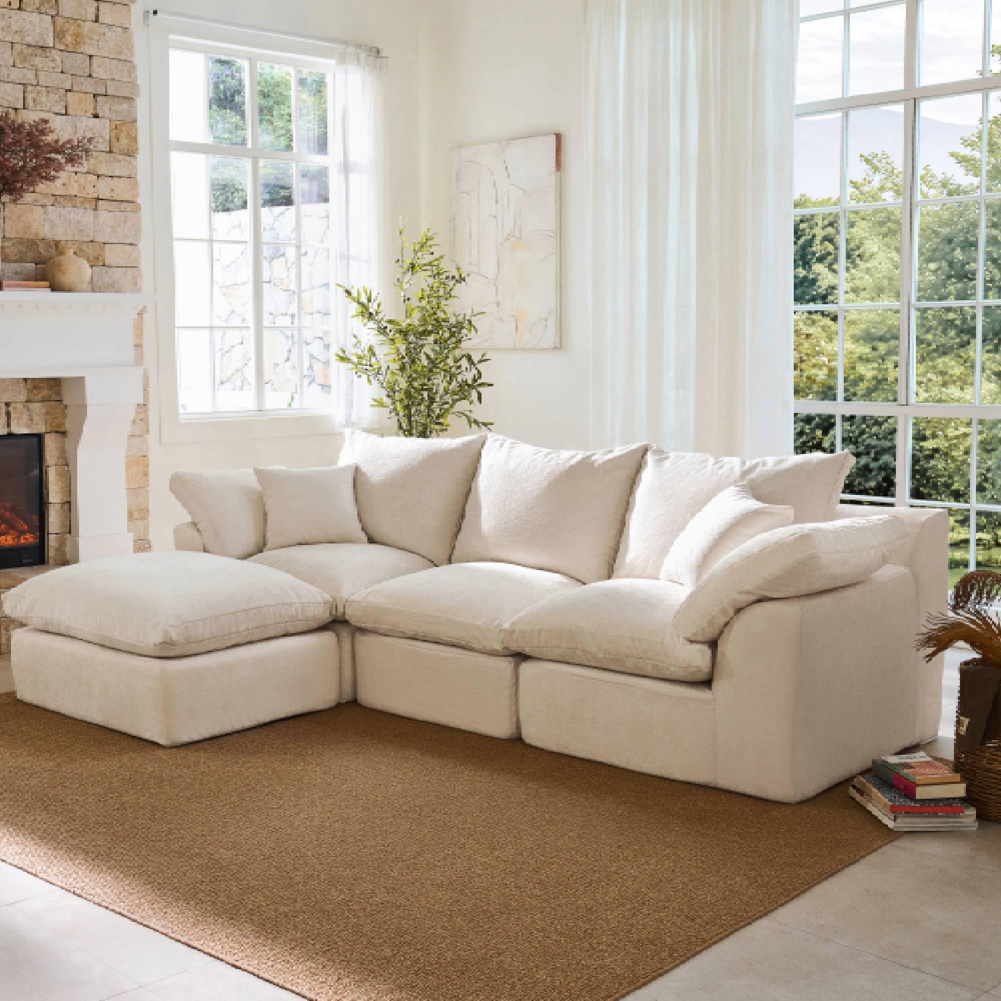 Luxury High Back Cloud Couch, Premium Chenille Tall Boneless Couch, L Shaped Comfy Modular Sectional Sofa with Ottoman, No Assemble Sectional Couches for Living Room, Warm White