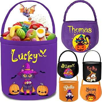 Personalized Halloween Basket Kids Custom Trick or Treat Bucket Halloween Bags Name Customized Candy Bag Gift for Girls Boys-Canvas